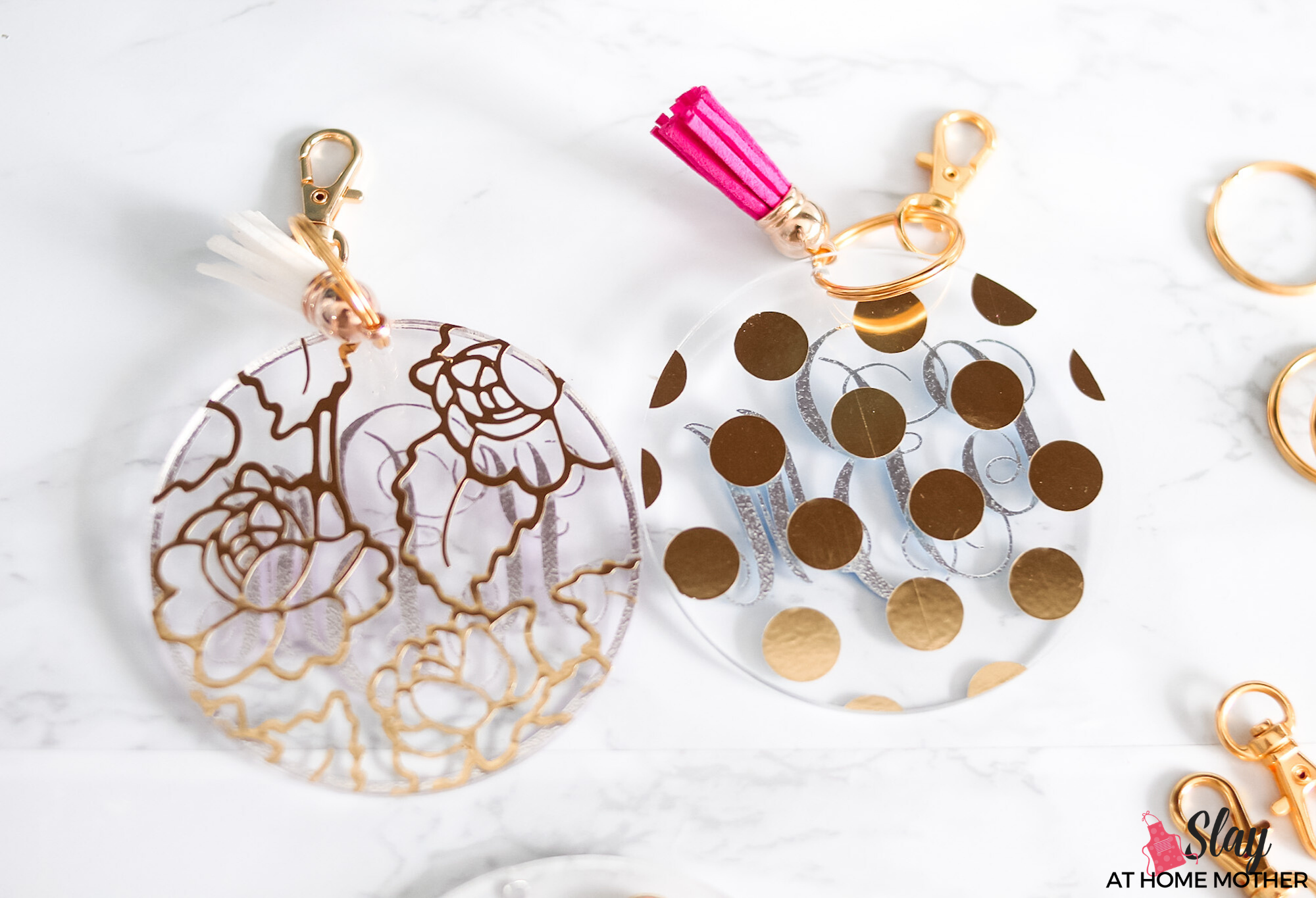 foil monogram keychains with gold hardware