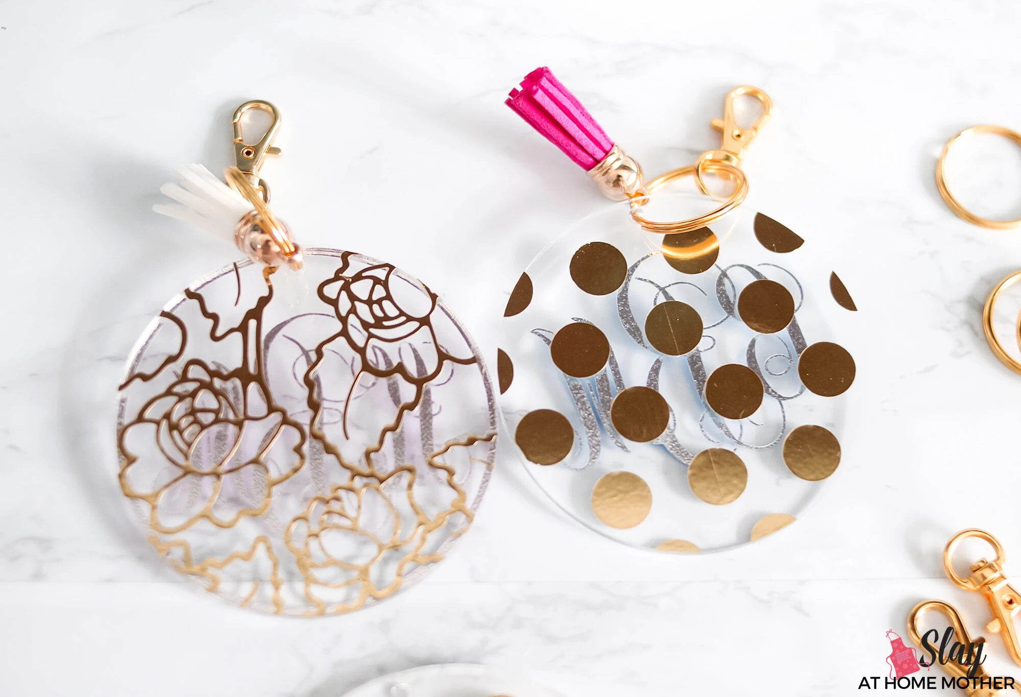 foil monogram keychains with gold hardware