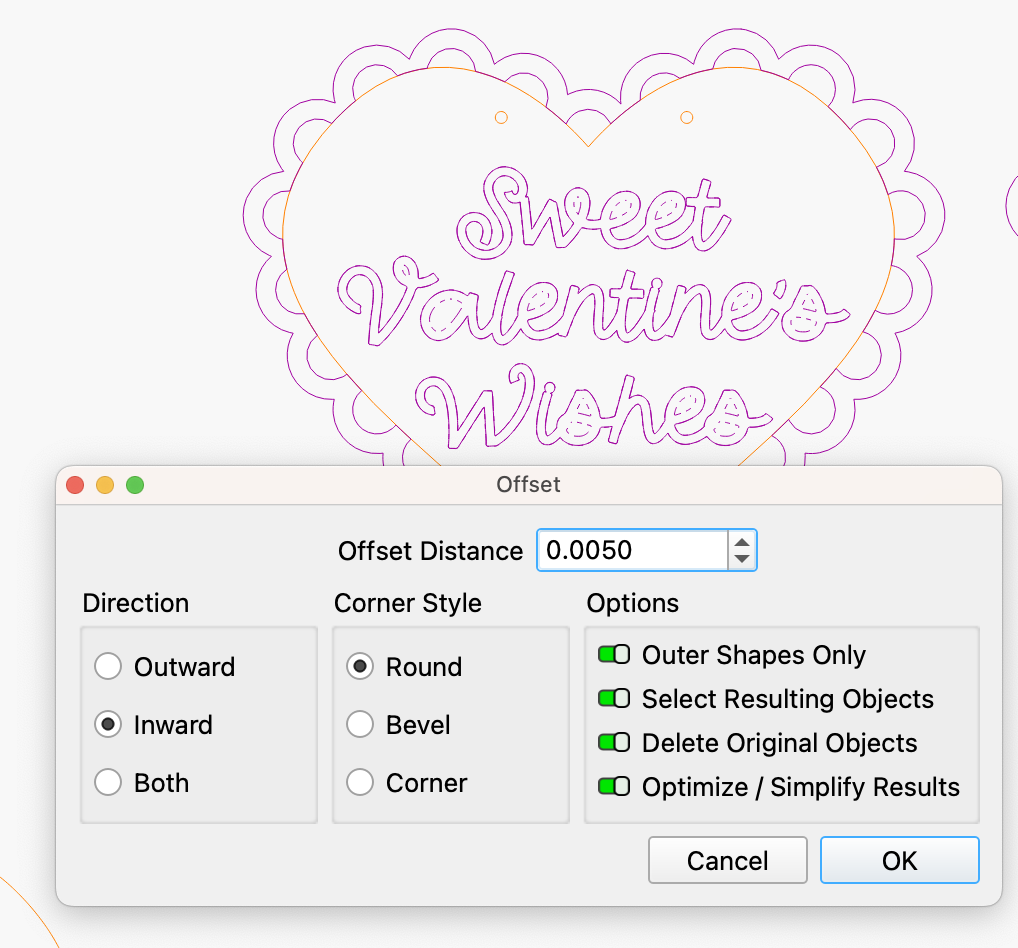 inward offset settings in lightburn for wording scoring