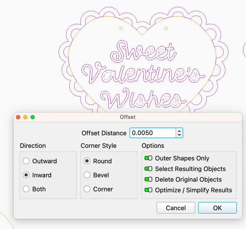 inward offset settings in lightburn for wording scoring